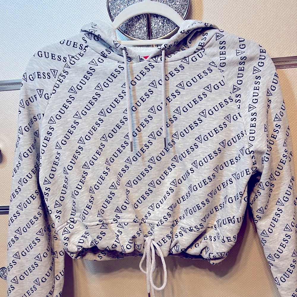 Guess Grey and Black Cropped Logo Hoodie